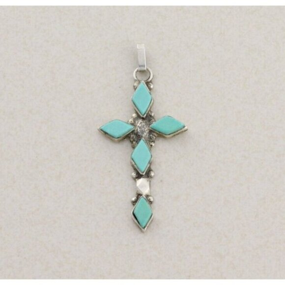 Pendant Only Sterling Silver Turquoise Cross Pendant 2" x 7/8" - Picture 1 of 6